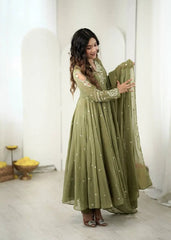 Olive Green Anarkali Suit 3/4 Front Side View Dupatta Draped – KU246