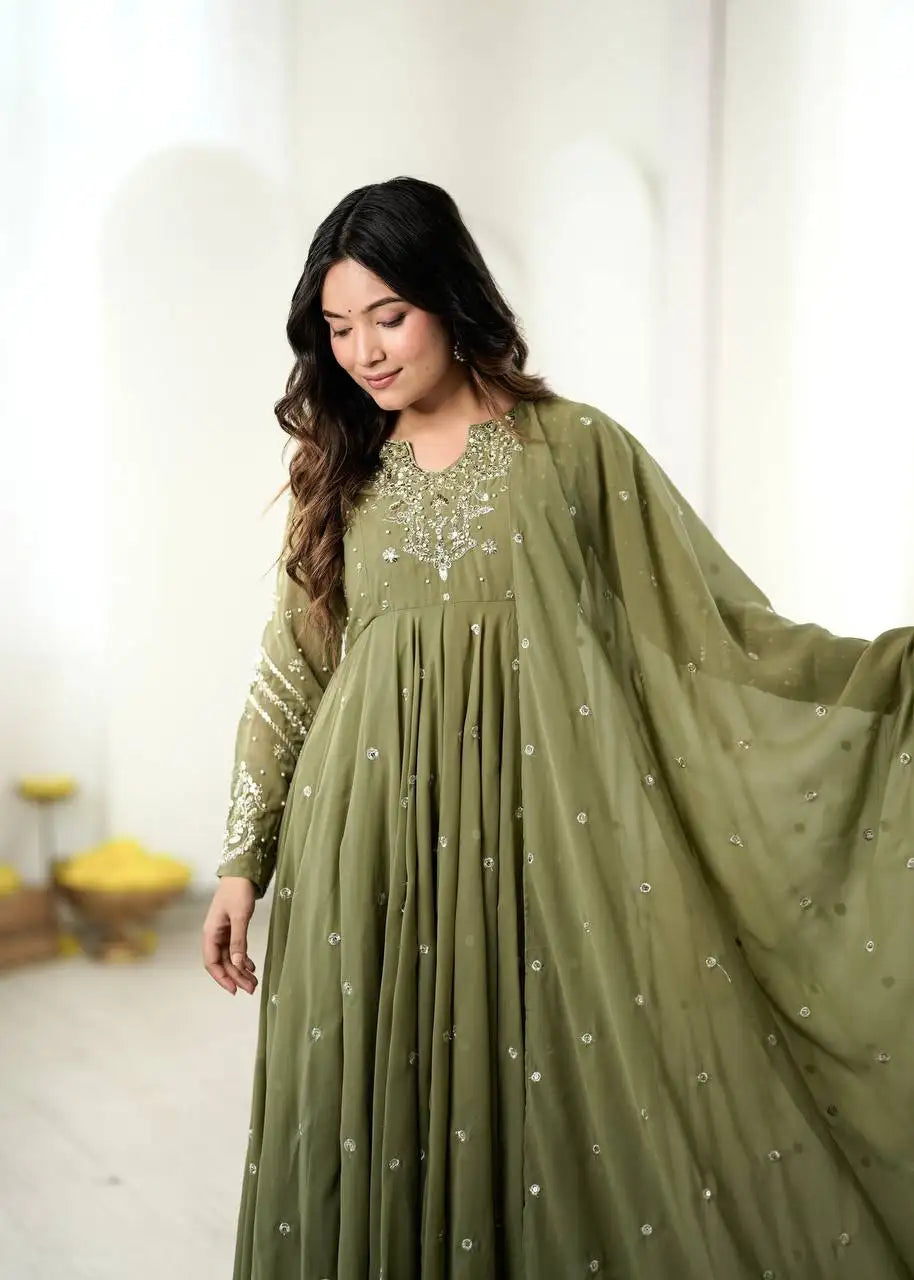 Olive Green Suit Half Body Front Yoke Embroidery Detail – KU246