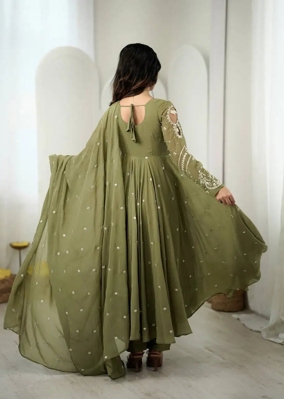 Olive Green Anarkali Suit Back View Dori Tie-Up Open Back – KU246