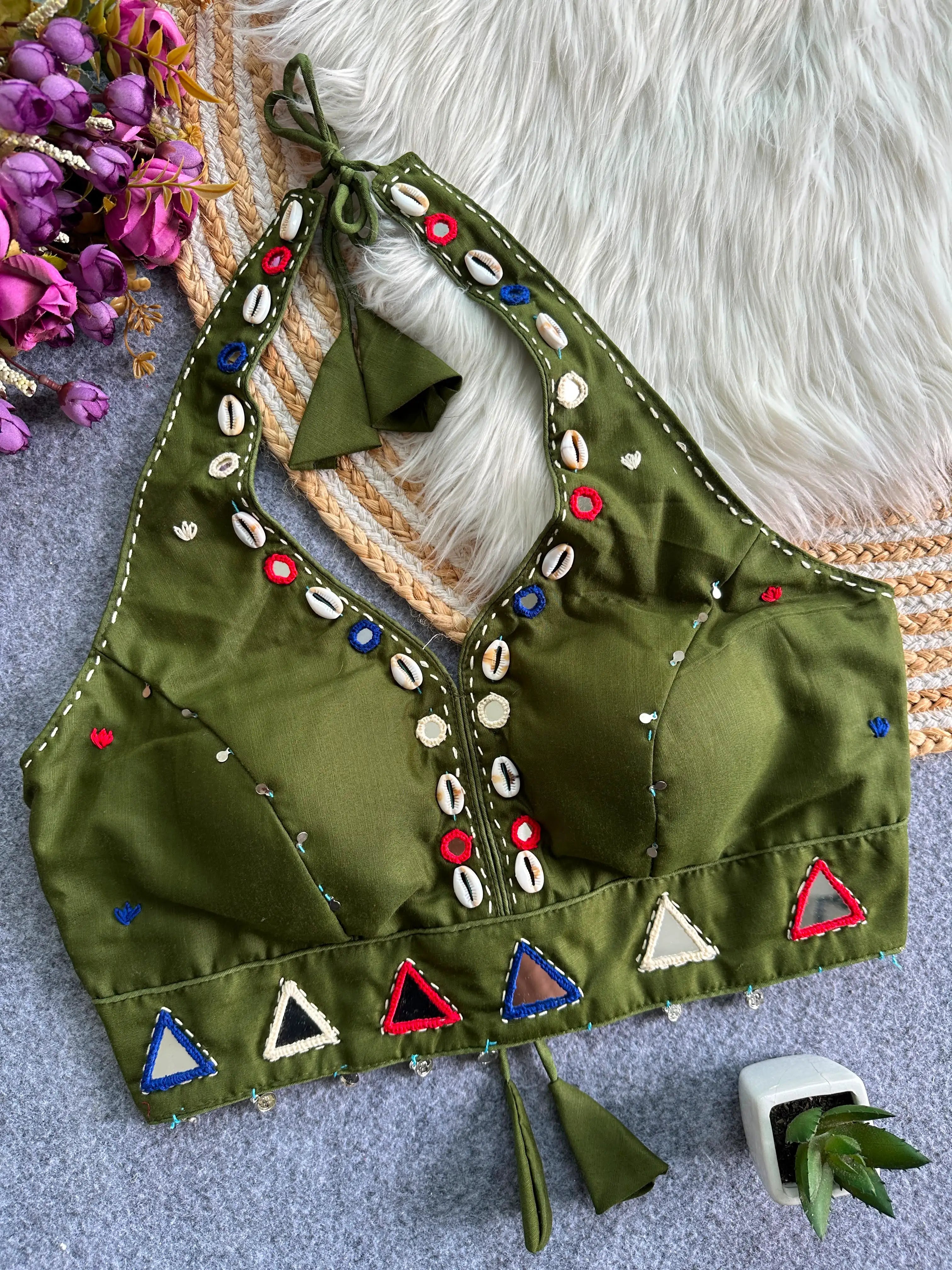 Olive Green Handwork Mirror Work Blouse front view – V-neck cowrie shells mirrors KB43 Kalyanja