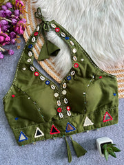 Olive Green Handwork Mirror Work Blouse front view – V-neck cowrie shells mirrors KB43 Kalyanja