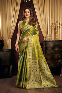 Olive Green Jacquard Weaving Saree – Tissue Silk Blend, Paithani Border