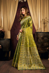 Olive Green Tissue Silk Saree model drape – KS380