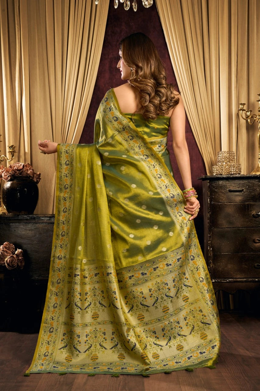 Olive Green Jacquard Saree Paithani border detail – KS380