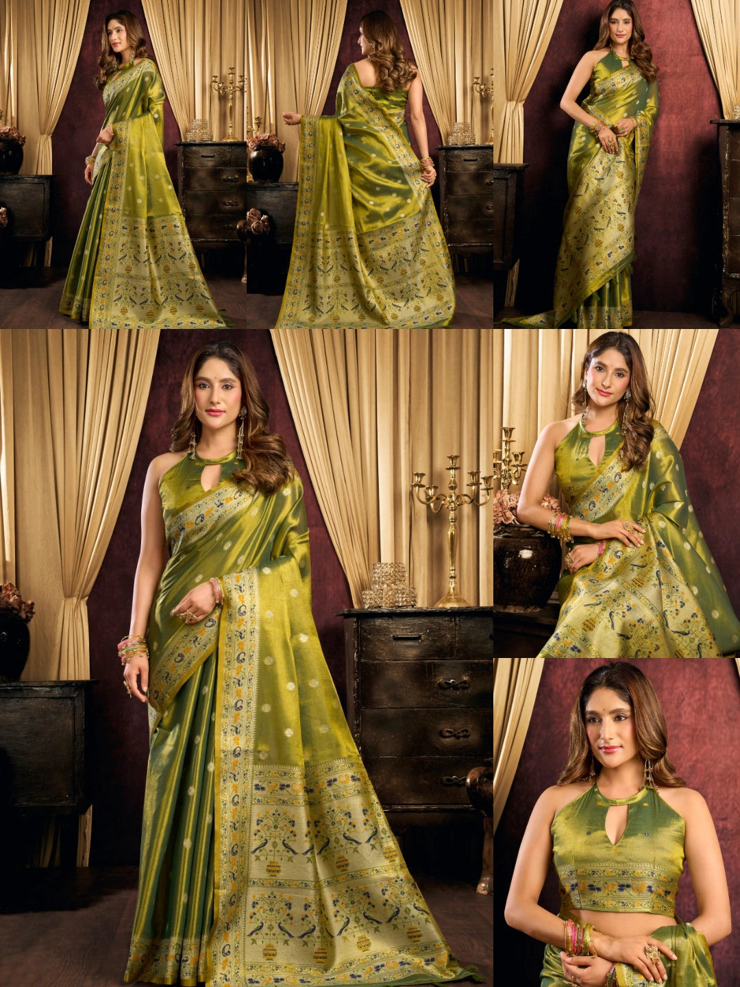Olive Green Jacquard Weaving Saree collage – KS380 Kalyanja