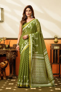 Olive Green Jacquard Weaving Saree – Zari Border, North Indian Style