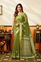 Olive Green Jacquard Weaving Saree – Full Drape Front View KS365