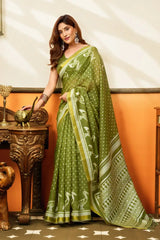 Olive Green Jacquard Weaving Saree – Drape Angle KS365