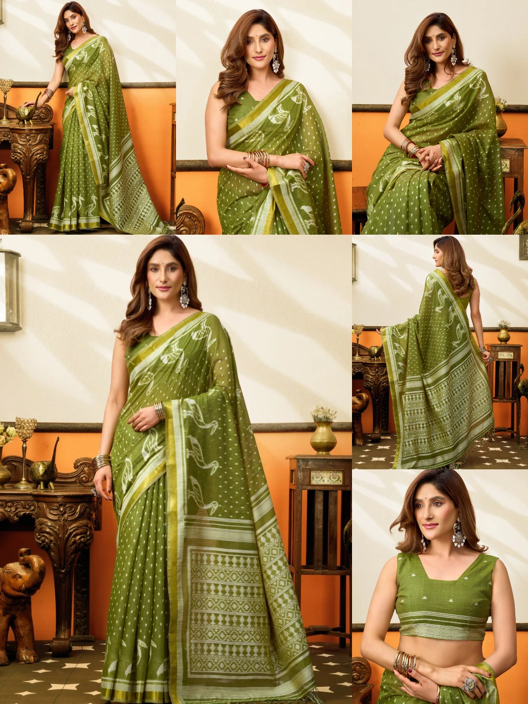 Olive Green Jacquard Weaving Saree – All Angles Collage KS365