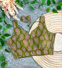 Olive Green Morpich Print Blouse – Ajrakh Cotton, V-Neck, Sleeveless