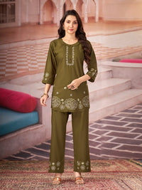 Olive Green Multi Thread Embroidered Coord Set – Rayon Round Neck 3/4 Sleeve
