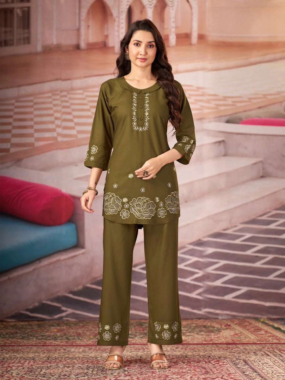 olive green multi thread embroidered coord set kalyanja kc13 front full model