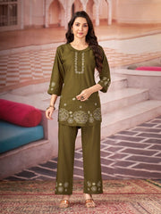 olive green multi thread embroidered coord set kalyanja kc13 front full model