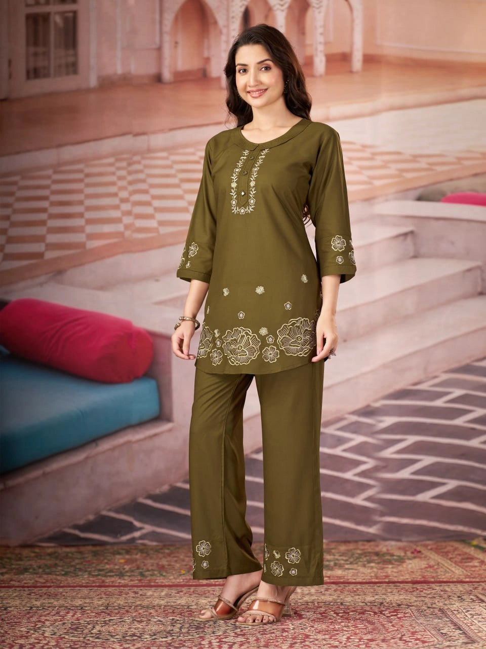 olive green multi thread embroidered coord set kalyanja kc13 side front angle
