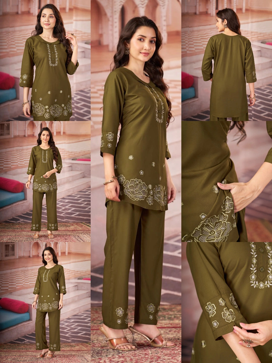 olive green multi thread embroidered rayon coord set kalyanja kc13 all angles catalog