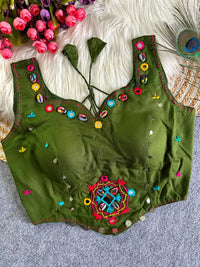 Olive Green Multi Thread Mirror Work Blouse – Cotton Blend Festival Wear