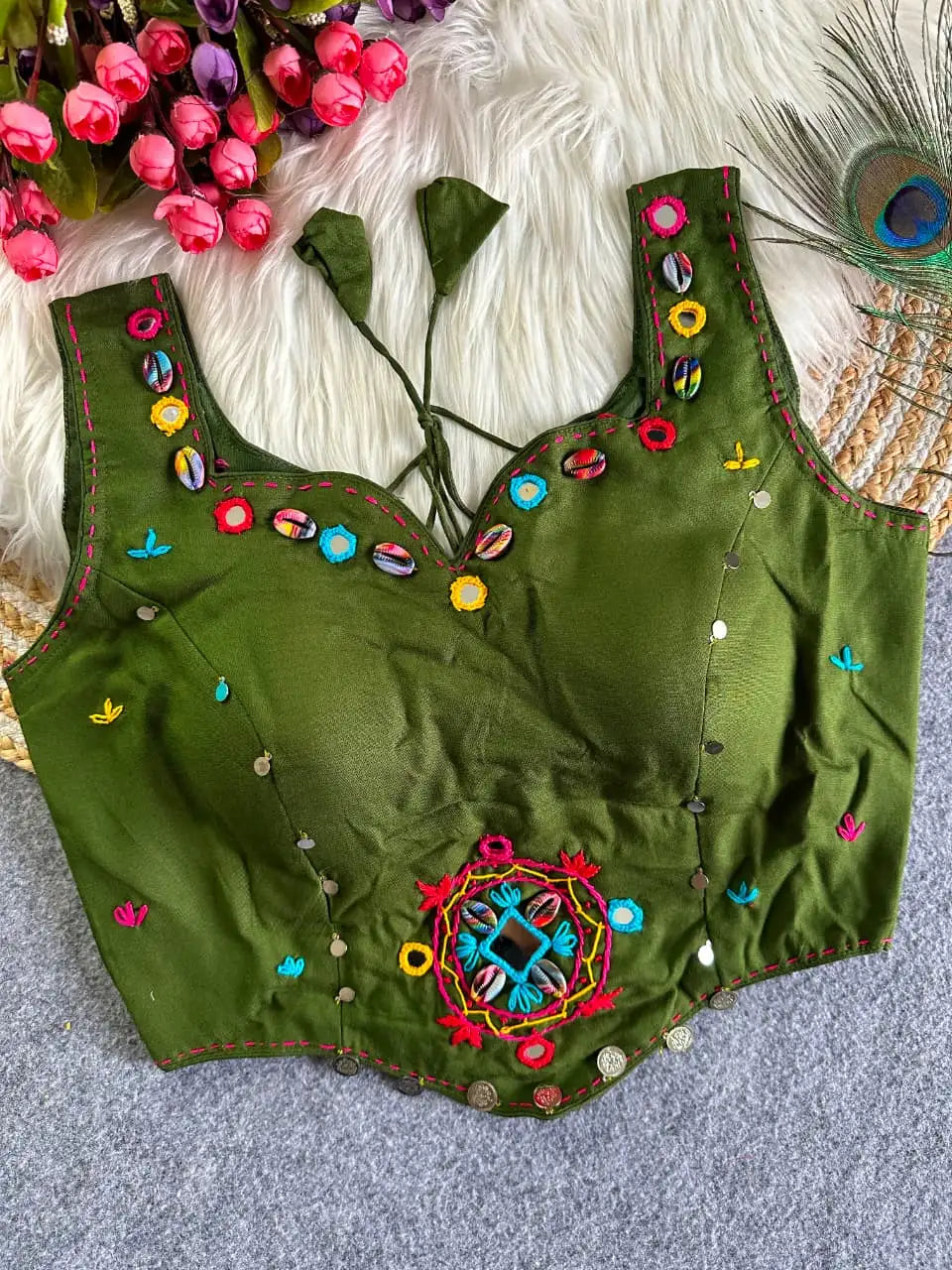 Olive Green Multi Thread Mirror Work Blouse – front flat lay, sweetheart neckline with cowrie shells and mirror embellishments