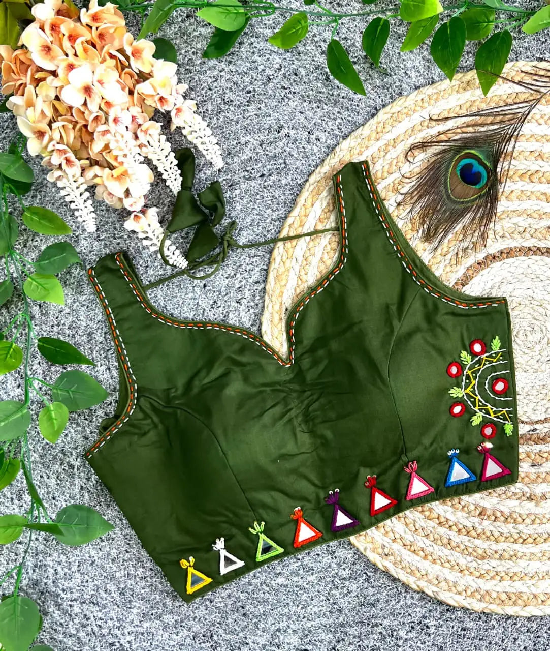 Olive Green Cotton Blend Multi Thread Mirror Work Blouse – Flat Lay