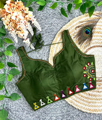 Olive Green Cotton Blend Multi Thread Mirror Work Blouse – Flat Lay