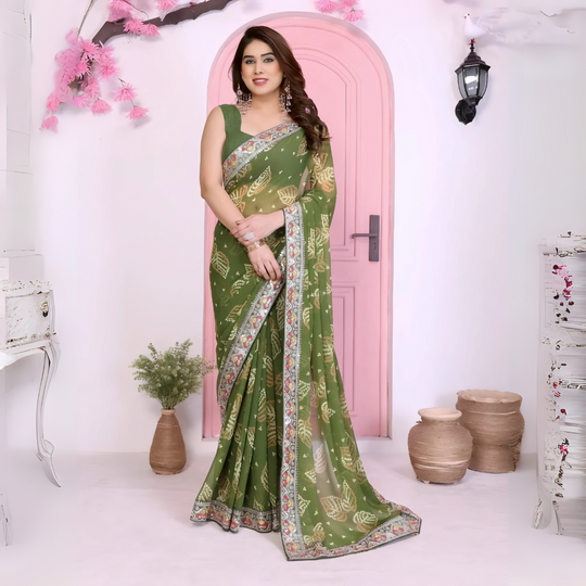 Pista Green Rajwadi Bandhej Print with Heavy Embroidery Work Georgette Saree