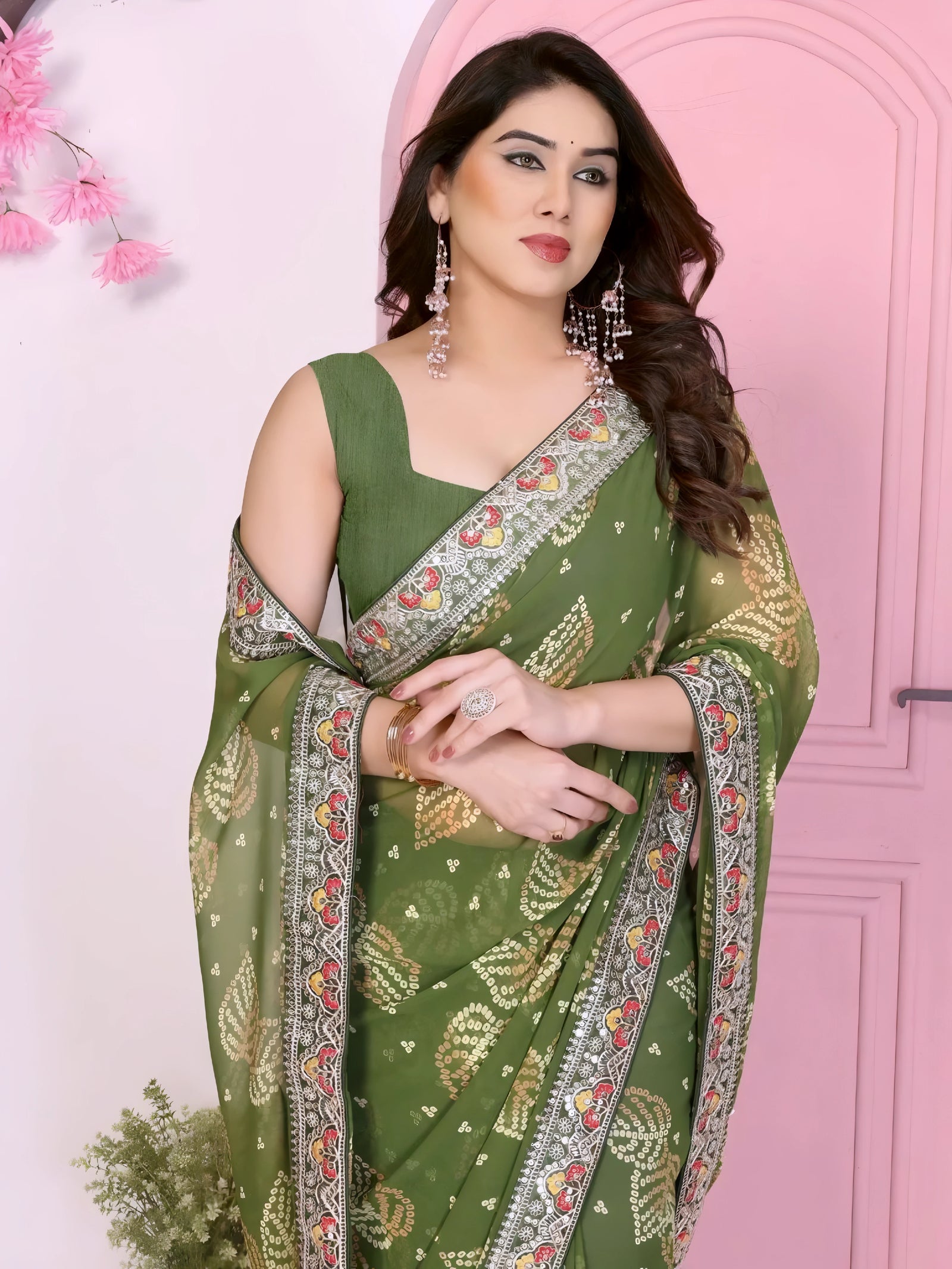 Pista Green Rajwadi Bandhej Print with Heavy Embroidery Work Georgette Saree
