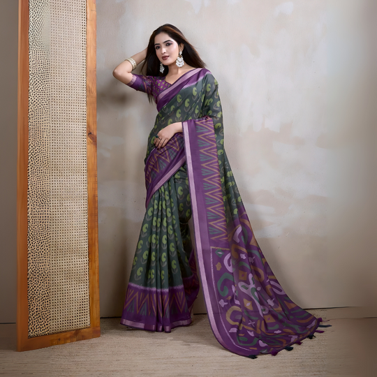 Purple Ikkat Print with Zari Woven Cotton Saree