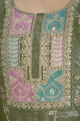 Olive Green Sequins Embroidered Suit KU253 neckline yoke embroidery detail