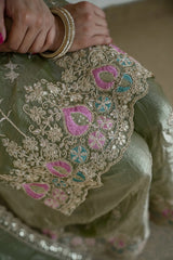 Olive Green Fendy Silk Blend Sequins Embroidered Suit KU253 close-up