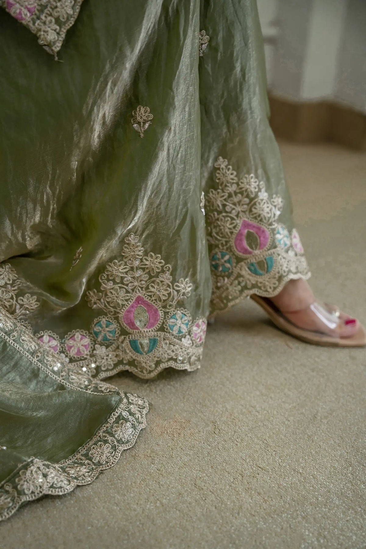 Olive Green Sequins Embroidered Suit KU253 kurta hem border embroidery