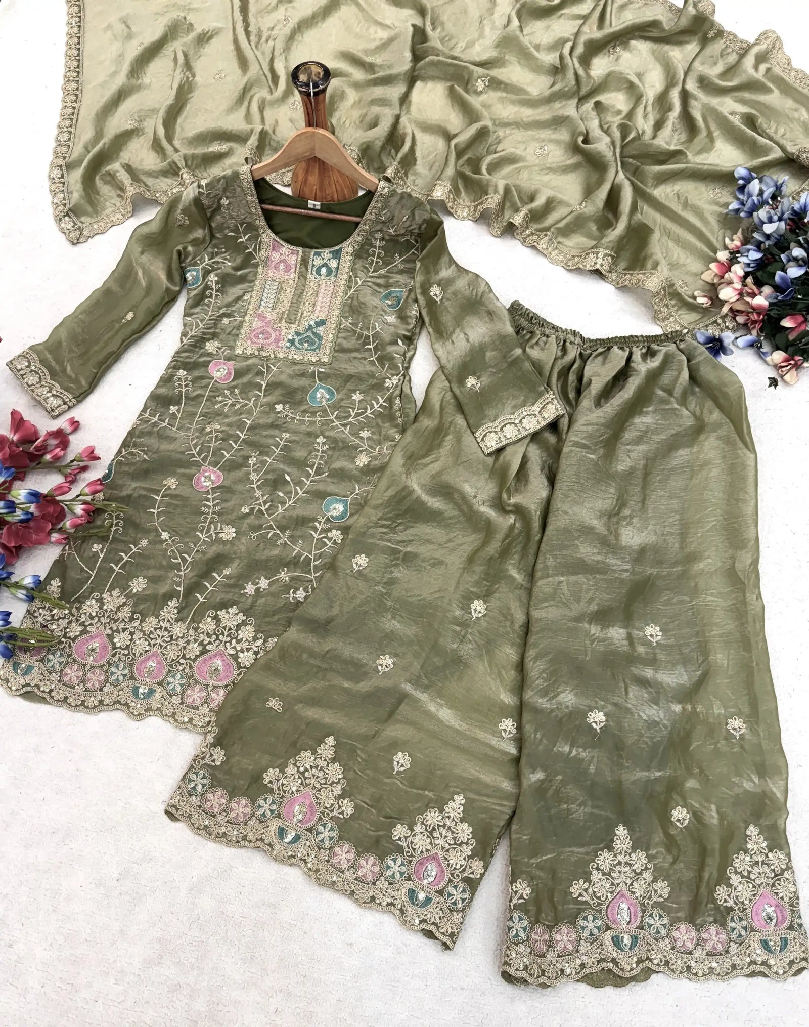 Olive Green Sequins Embroidered Palazzo Suit KU253 dupatta border