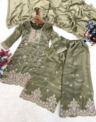 Olive Green Sequins Embroidered Palazzo Suit KU253 dupatta border