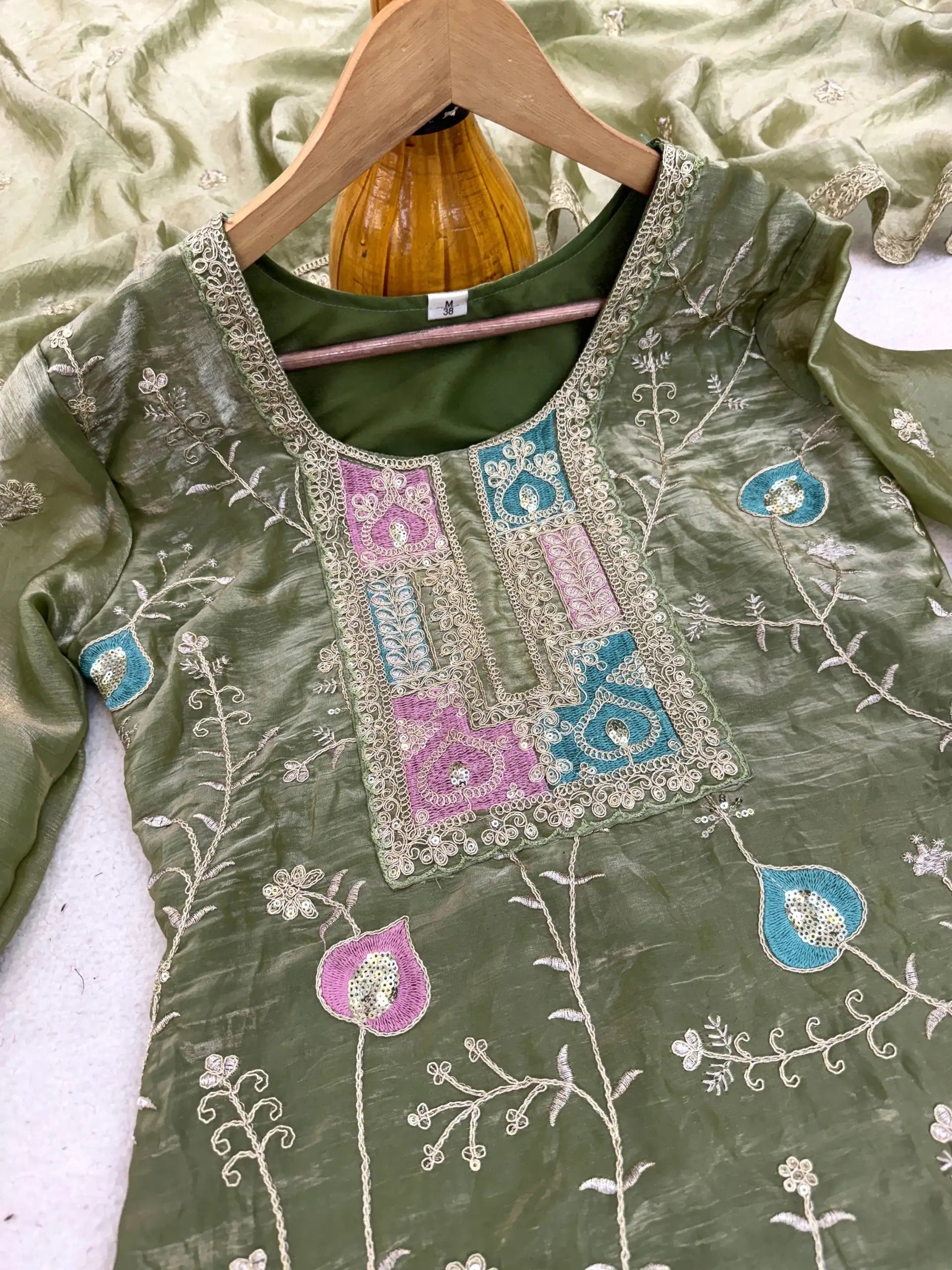 Olive Green Fendy Silk Blend Suit with Palazzo KU253 detail