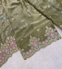 Olive Green Sequins Embroidered Suit Palazzo Dupatta KU253 flat lay complete set