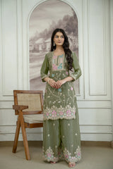 Olive Green Sequins Embroidered Suit with Palazzo and Dupatta - KU253 front view