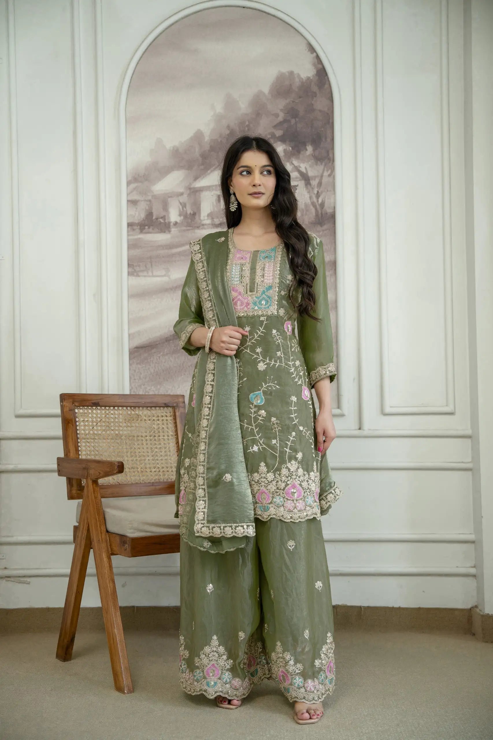 Olive Green Sequins Embroidered Palazzo Suit Kalyanja KU253 full length with dupatta