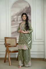 Olive Green Fendy Silk Blend Suit KU253 standing model front shot