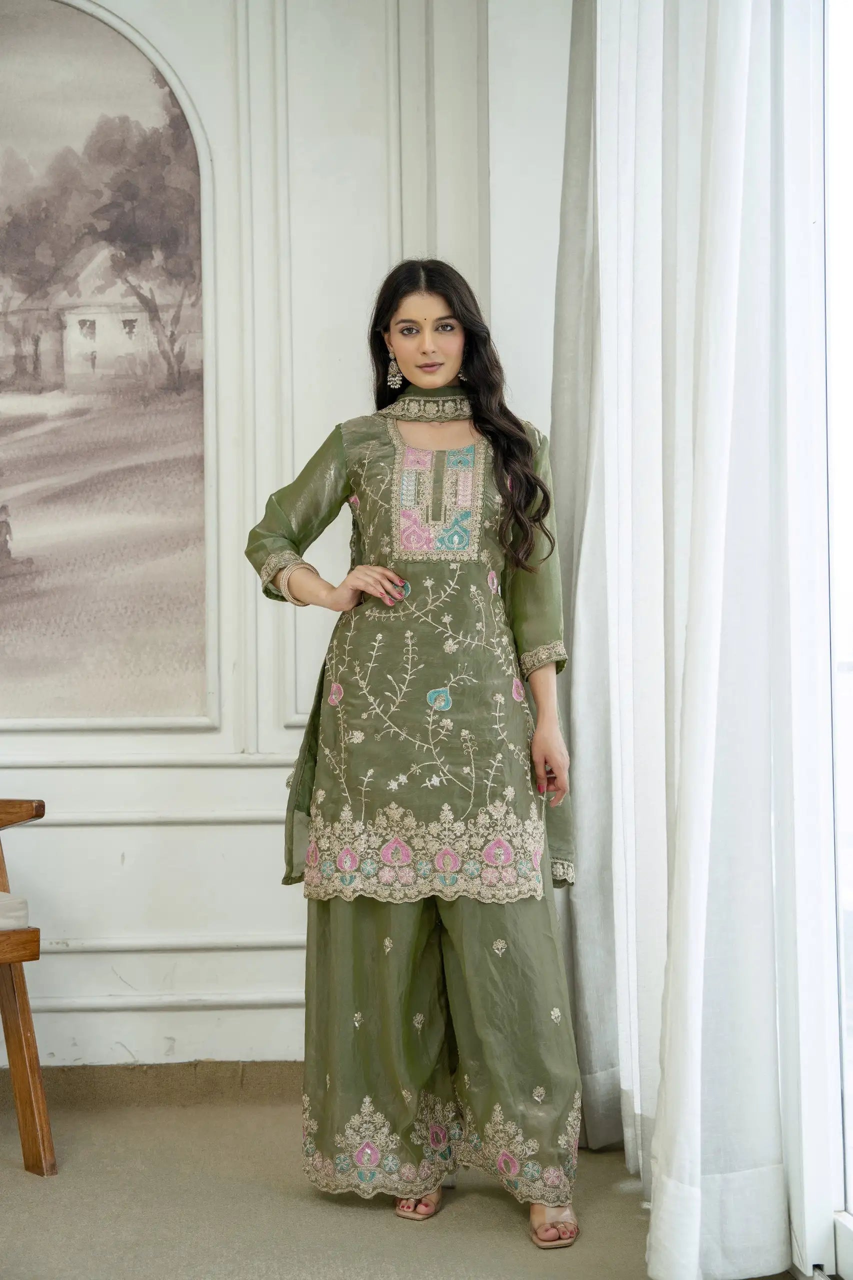Olive Green Sequins Embroidered Suit Kalyanja KU253 side pose with dupatta