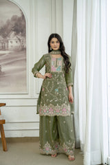 Olive Green Sequins Embroidered Suit Kalyanja KU253 side pose with dupatta