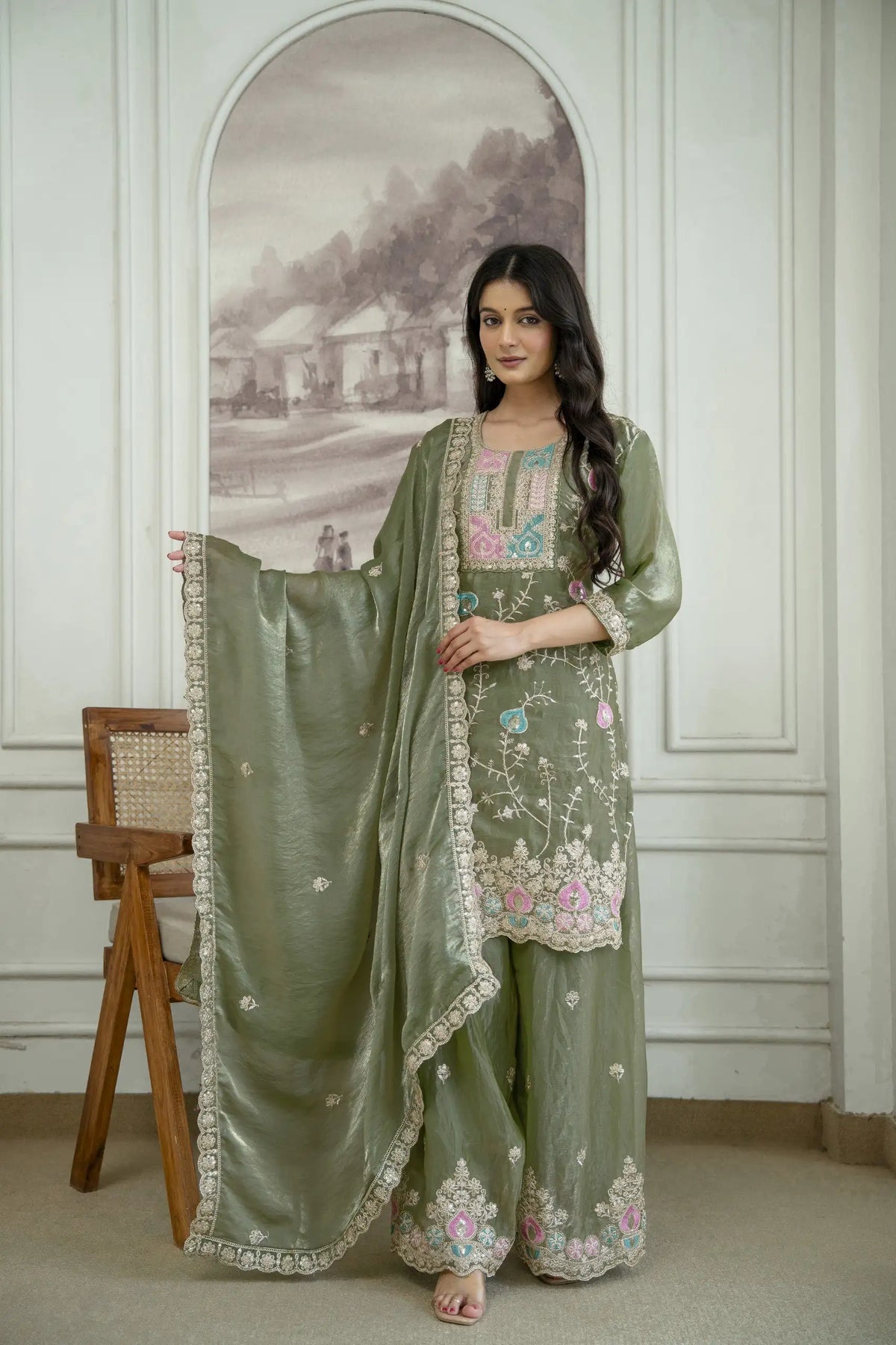 Olive Green Sequins Embroidered Palazzo Suit KU253 three quarter angle