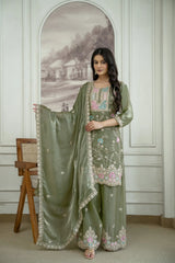 Olive Green Sequins Embroidered Palazzo Suit KU253 three quarter angle
