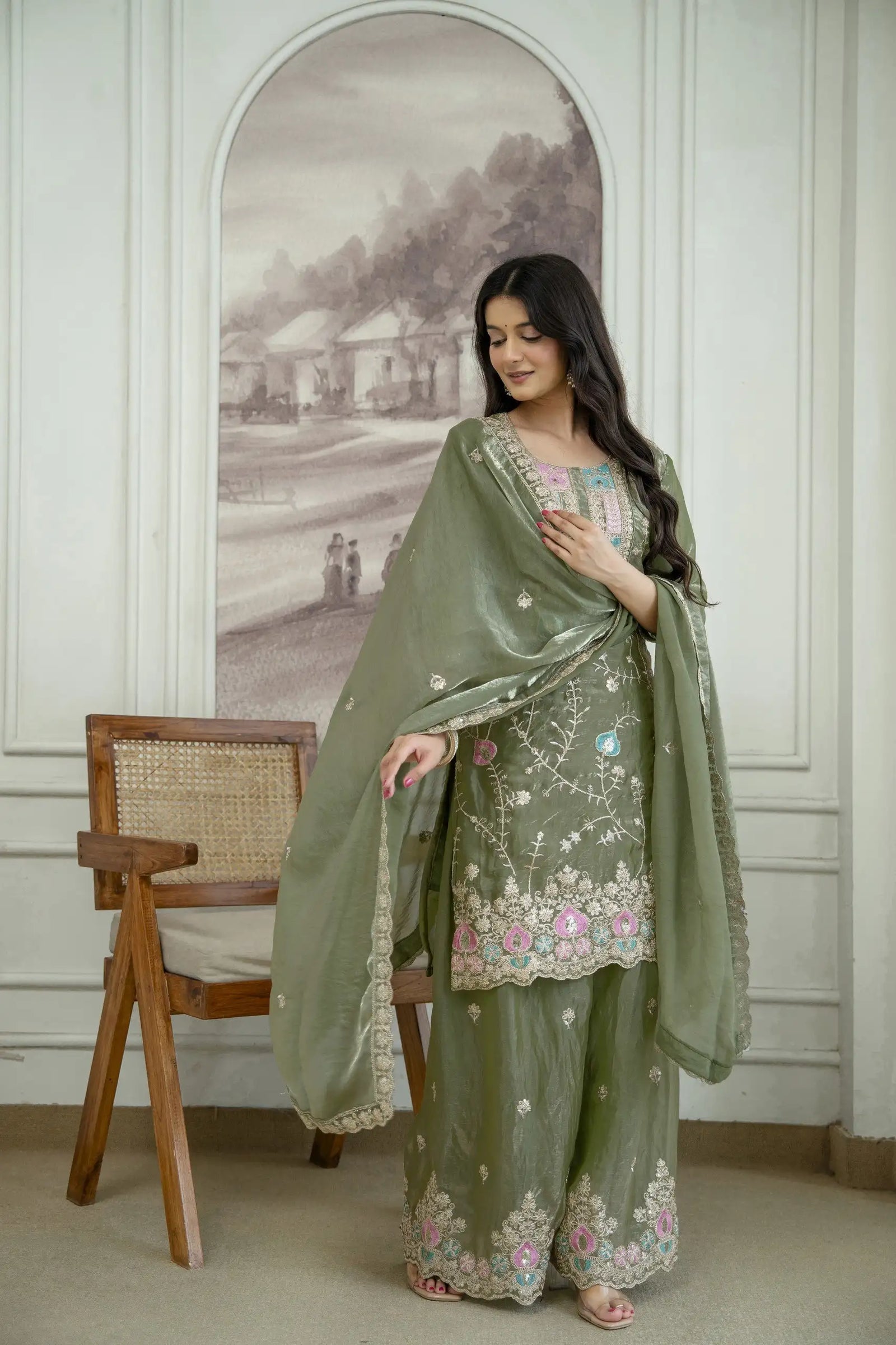 Olive Green Sequins Embroidered Suit with Palazzo KU253 model shot
