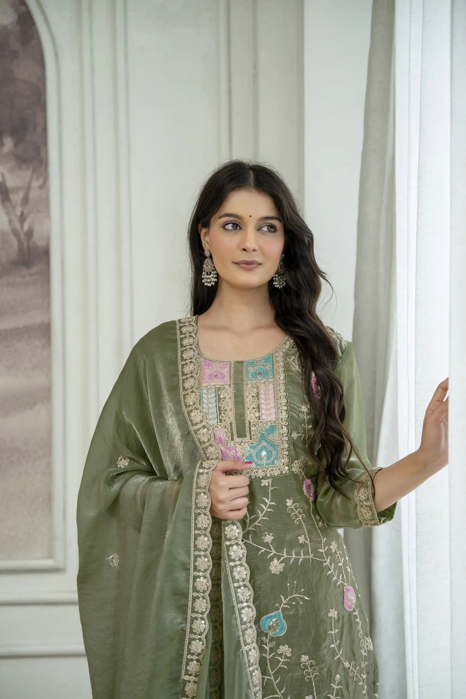 Olive Green Fendy Silk Blend Suit KU253 seated full outfit view