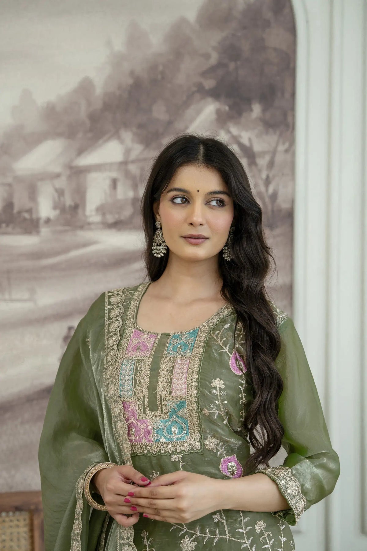 Olive Green Sequins Embroidered Suit KU253 seated pose