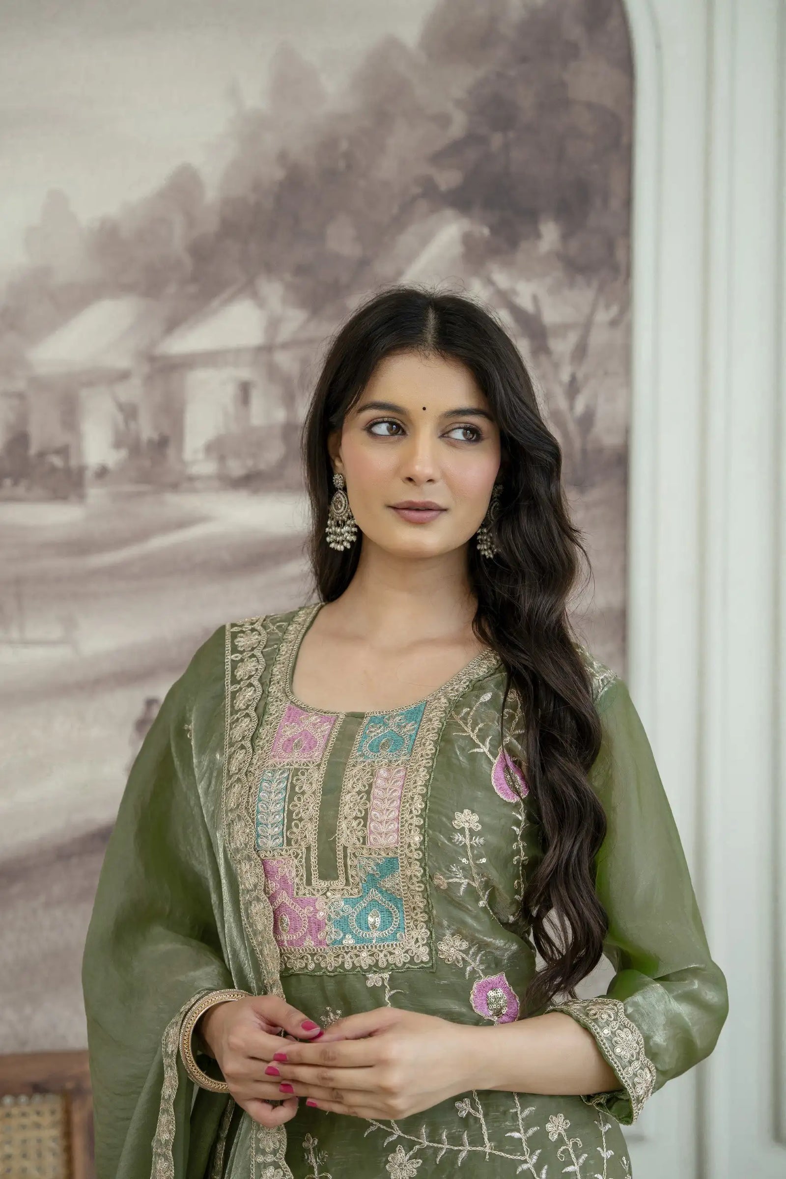 Olive Green Sequins Embroidered Suit KU253 seated pose