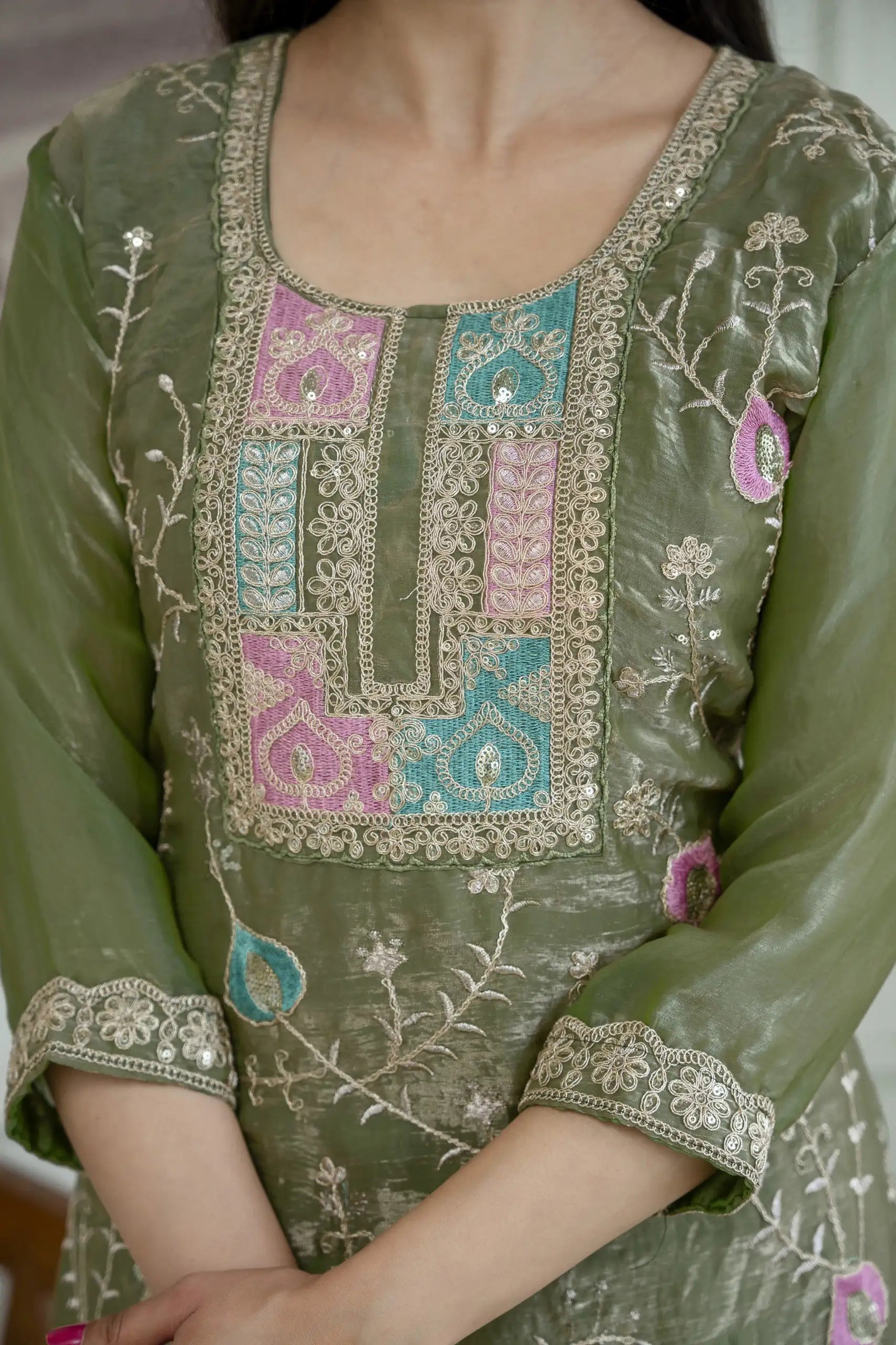 Olive Green Sequins Embroidered Palazzo Suit Kalyanja KU253 seated model