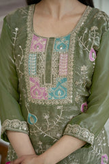 Olive Green Sequins Embroidered Palazzo Suit Kalyanja KU253 seated model