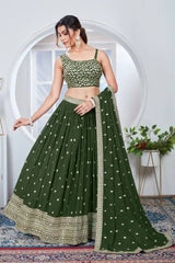 Olive Green Sequins Embroidered Thread Work Lehenga flair front view – Kalyanja KL164