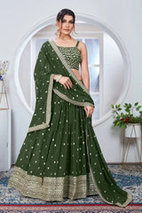 Olive Green Faux Georgette Lehenga with dupatta draped – Kalyanja KL164
