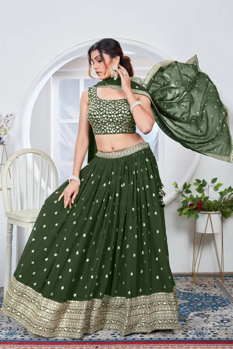Olive Green Lehenga U-back sleeveless choli back view – Kalyanja KL164
