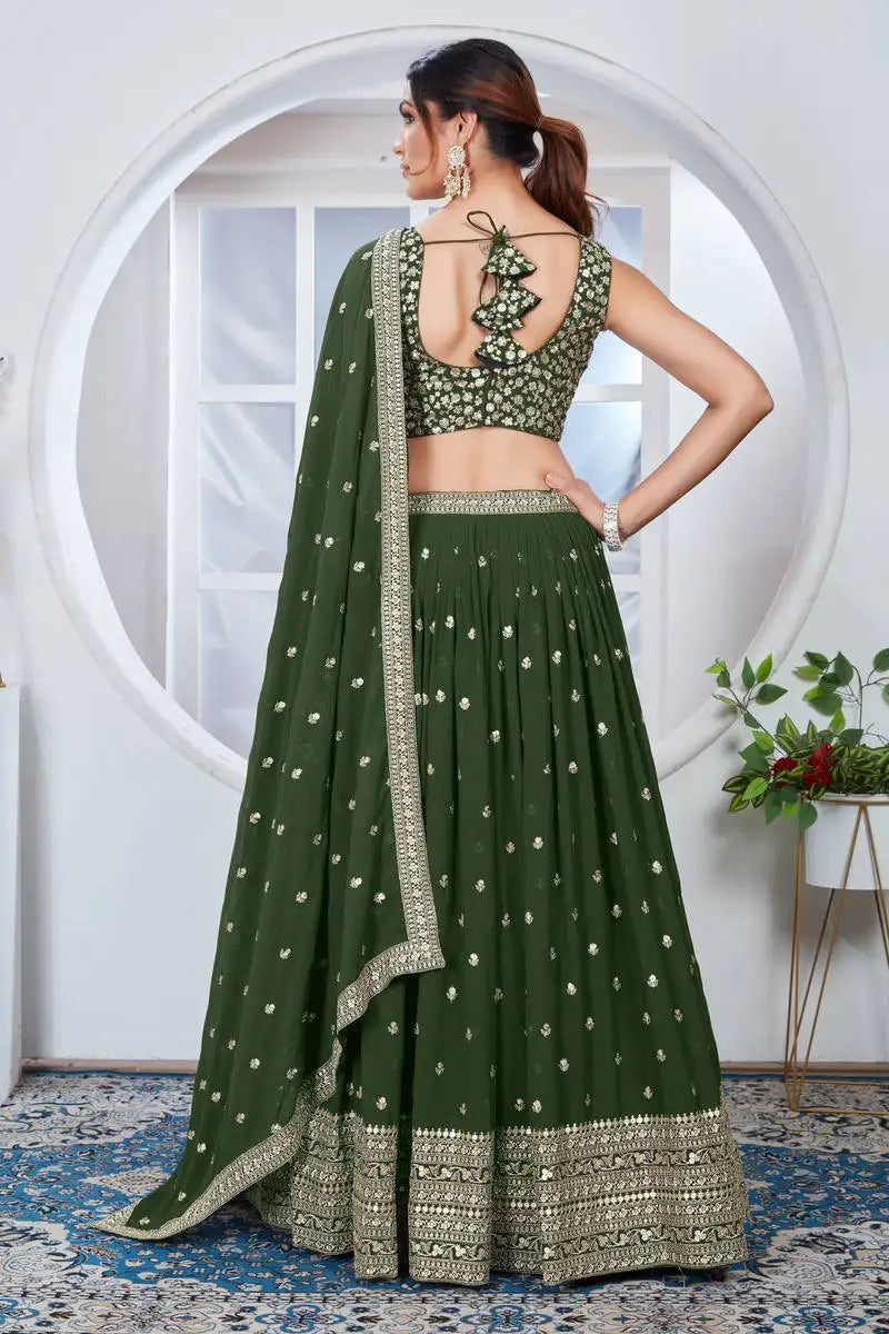 Olive Green Faux Georgette Lehenga back dupatta detail – Kalyanja KL164